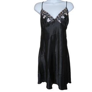 Vintage Shirley of Hollywood Knee Length Satin Slip Nightgown L Black Embroidery